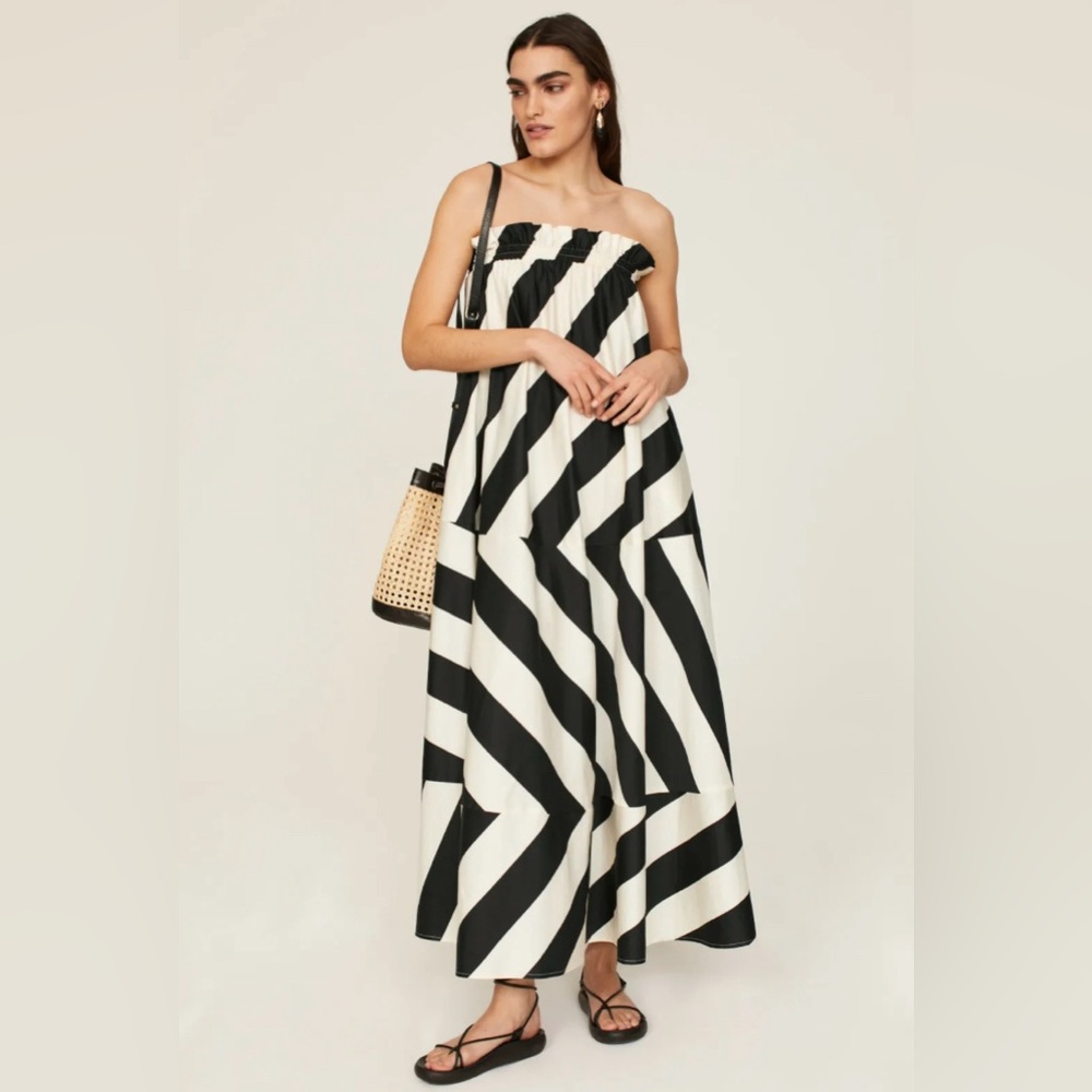 Tory Burch Black and White Stripe Strapless Maxi Dress